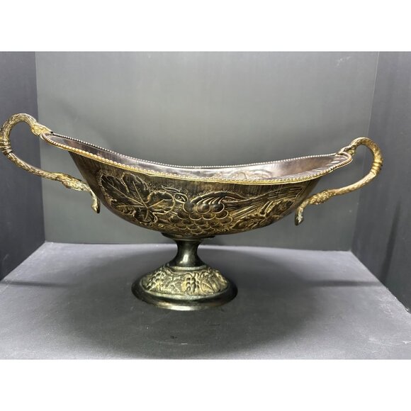 Vintage Brass Table Centerpiece Bowl Pedestal Embossed Fruit with Handles 16" L - Picture 3 of 14